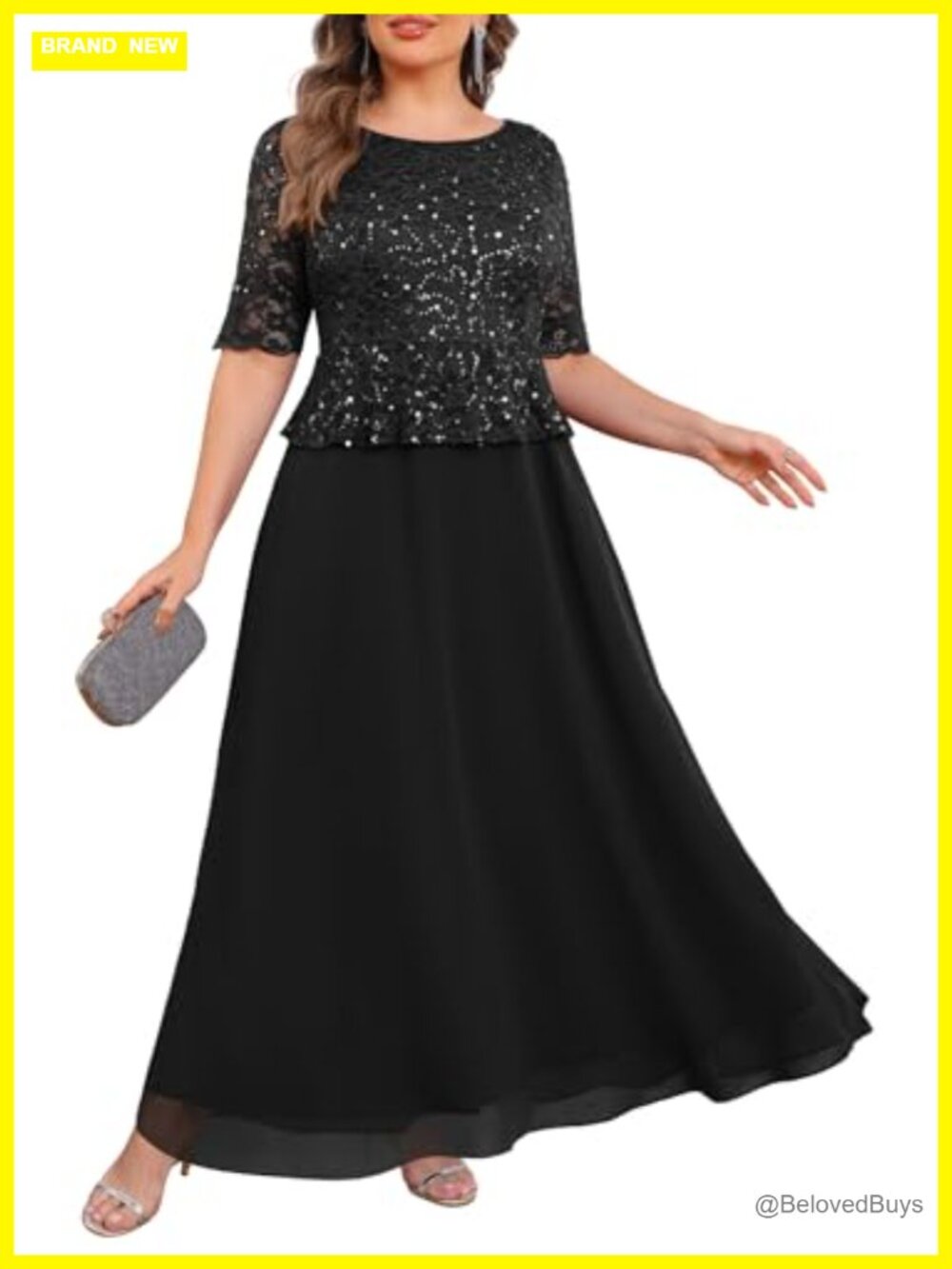 Plus Size Formal Sequin Lace 3/4 Sleeve Maxi Dress Mother of Bride